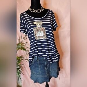 ​Secret Navy Striped Tunic Top Sequin Perfume Bottle NY Patch | M 🌟
